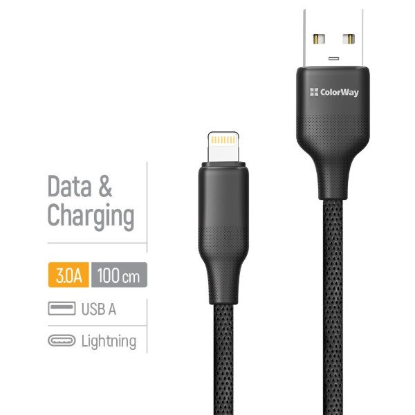 Фото - Кабель Colorway USB - Apple Lightning (TPE embossed) 3А 1м Black (CW-CBUL101-BK)